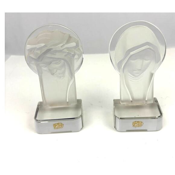 VTG Czech Bohemia Glass Crystal Mary & Jesus Frosted Figures 1970's Set Bookend - Picture 2 of 16